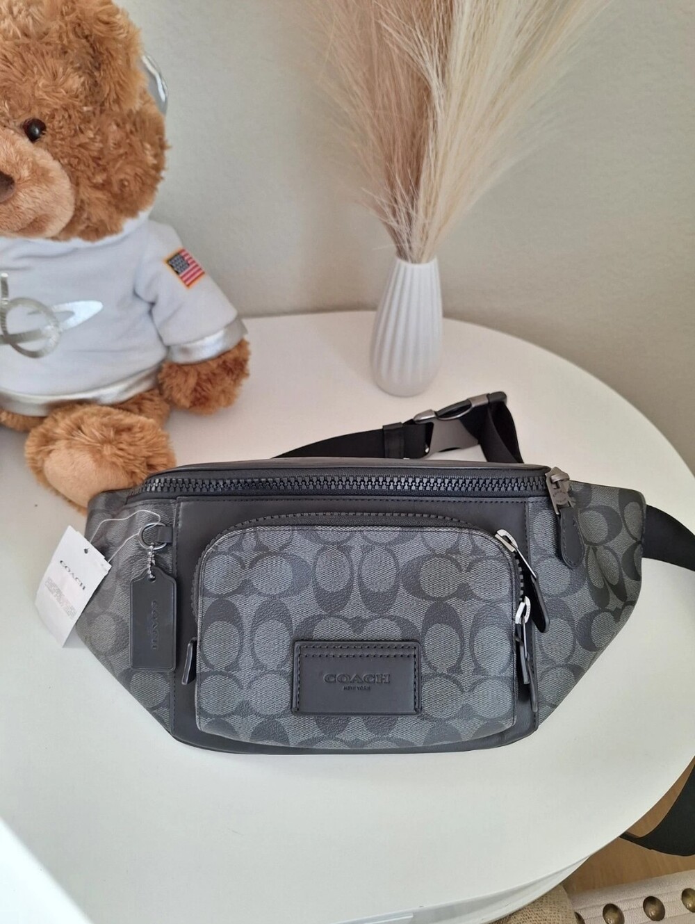 NWT Coach Men's Charcoal/Black Signature Canvas & Leather Track Belt Bag (C3765)